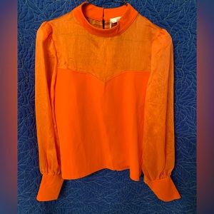 NWT Anthropologie, Flat White, Orange Blouse w Sheer Sleeves